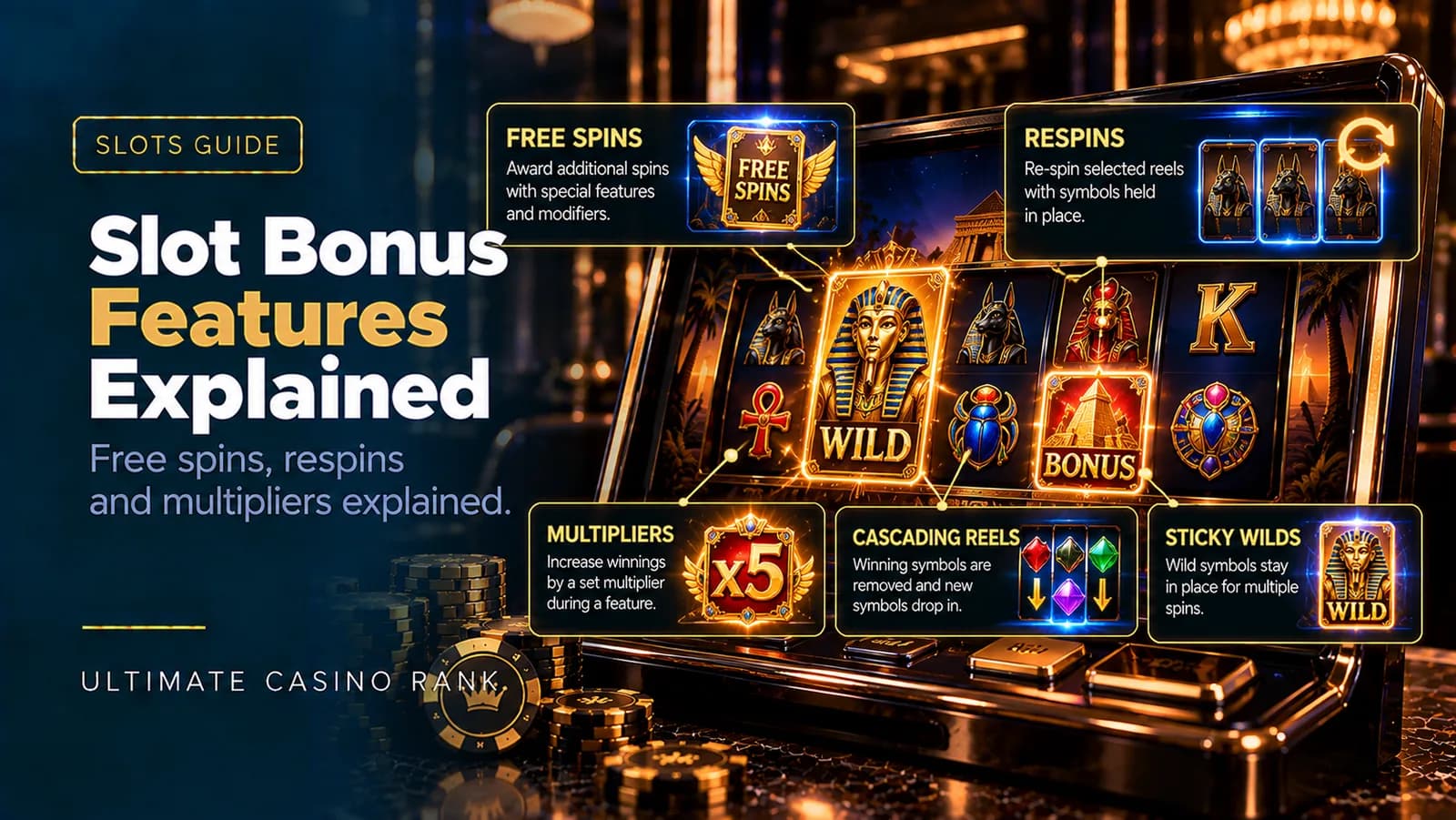 Online slot bonus features including free spins respins and multipliers explained