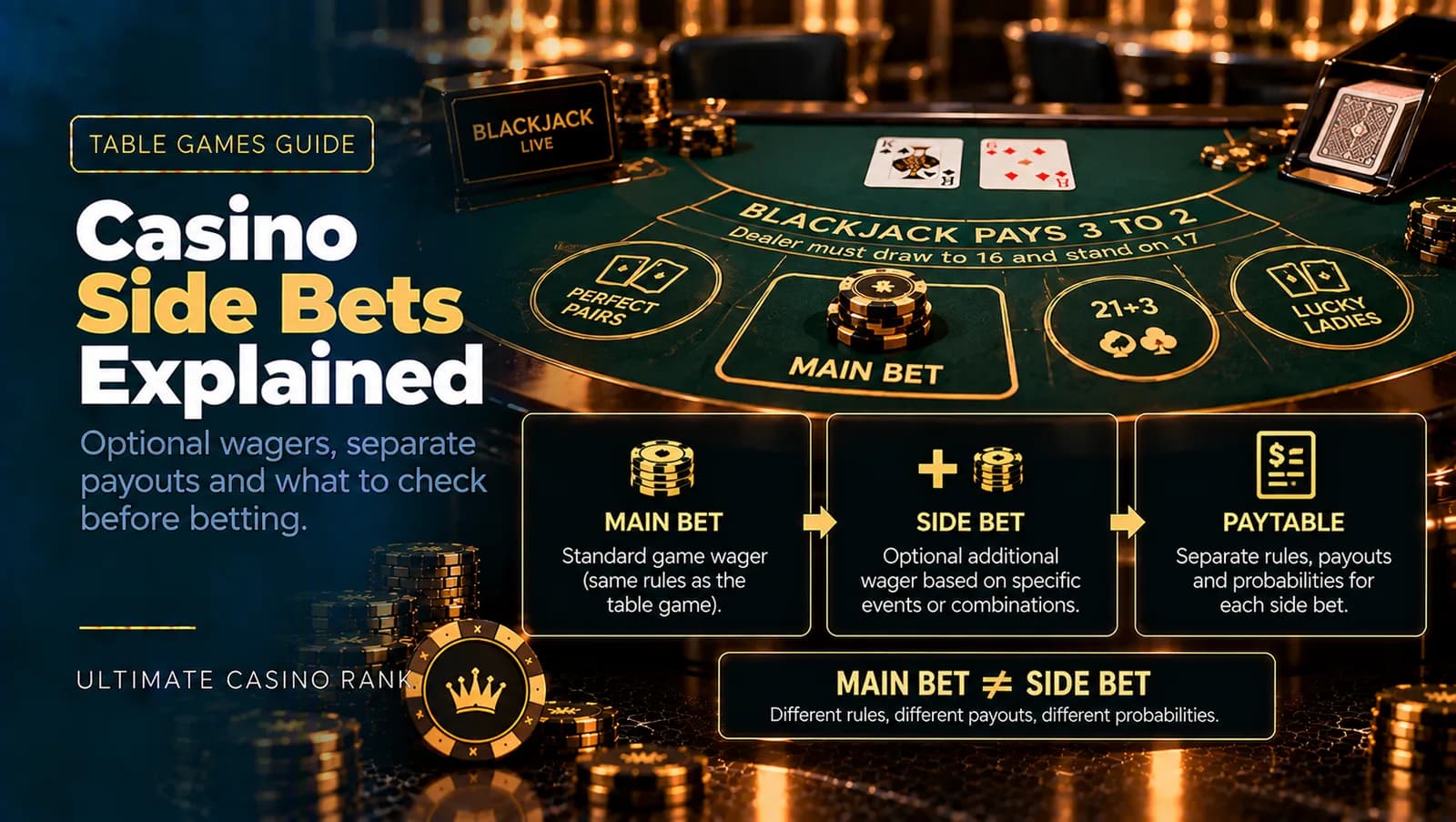 Casino side bets in blackjack baccarat and table games explained