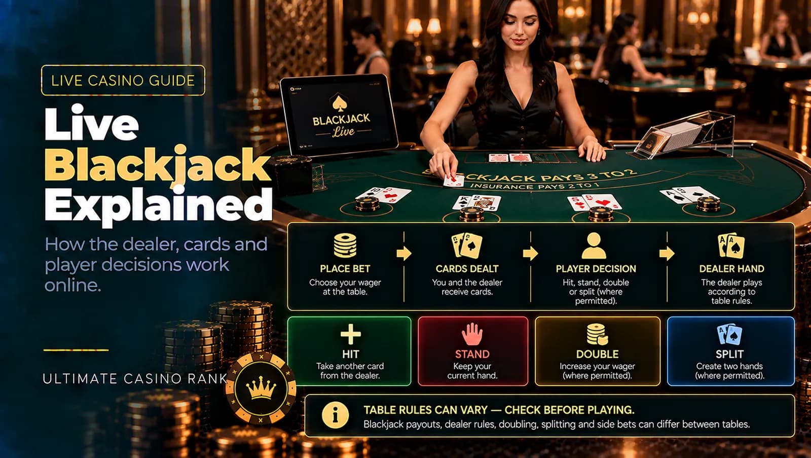 Live blackjack dealer cards betting interface and table rules explained