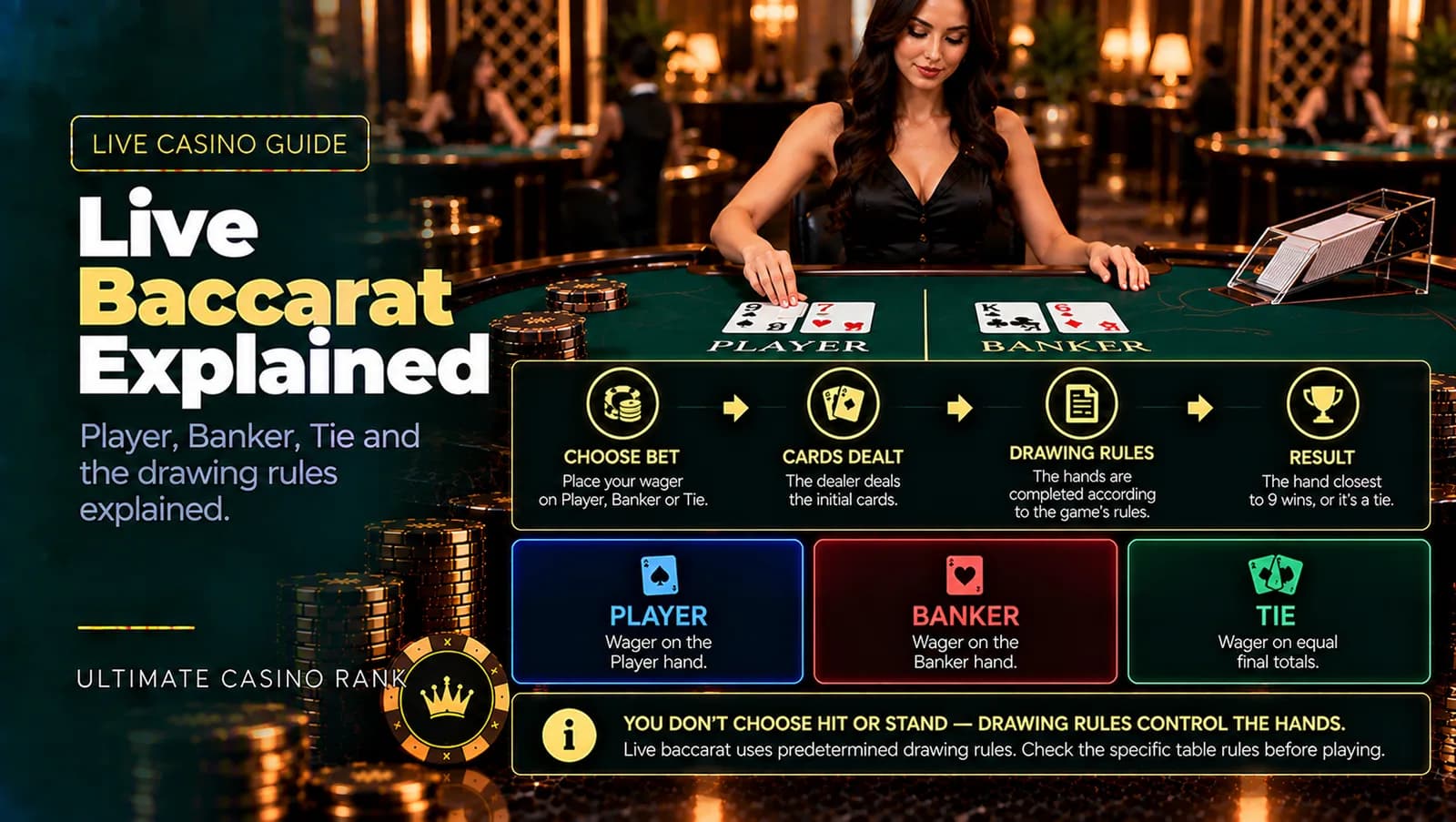 Live baccarat Player Banker and Tie bets with live dealer explained