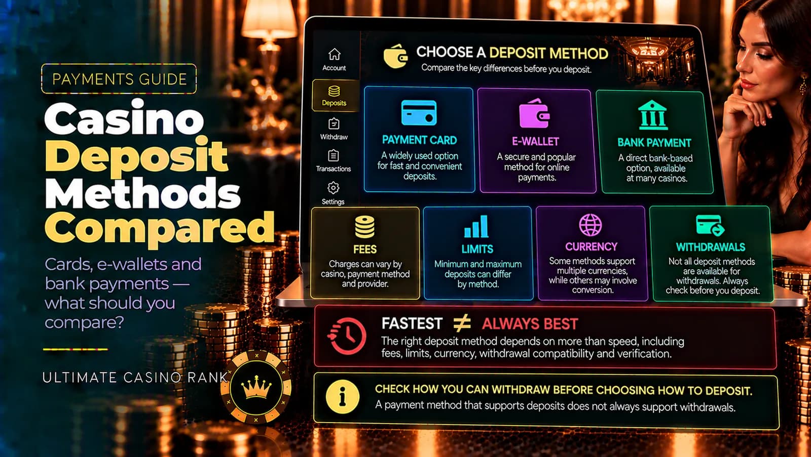 Casino deposit methods compared including cards e-wallets and bank payments